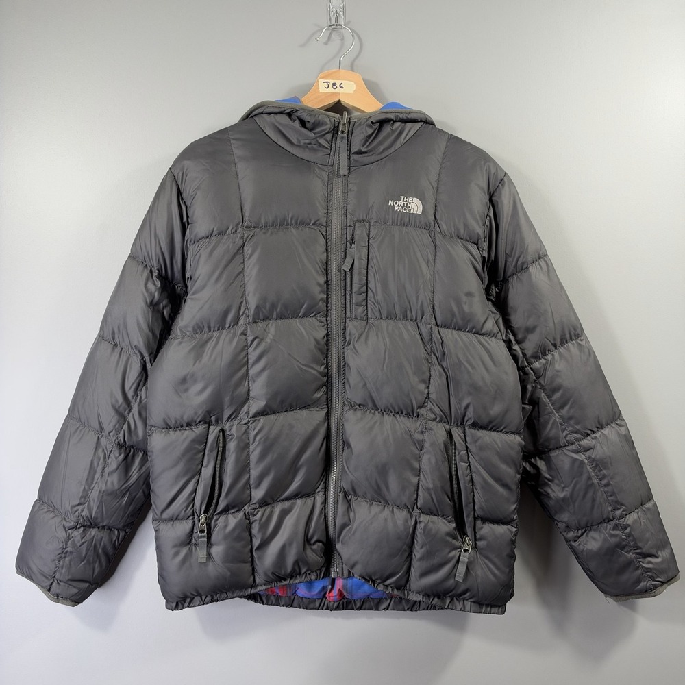 The North Face Jacket Boys 18/20 Gray Plaid Reversible 550 Down Hooded Puffer